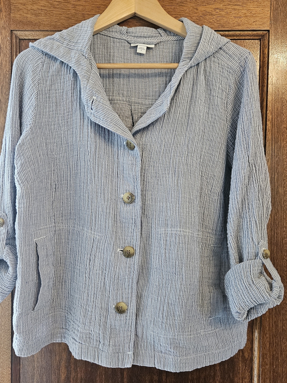 J. Jill Light Blue Hooded Button-Front Shirt Jacket